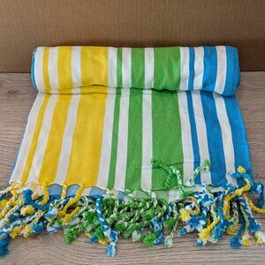 Portable Cotton Picnic Blanket 60” x 60” w/ Carry Strap & Fringe | Beach Camping